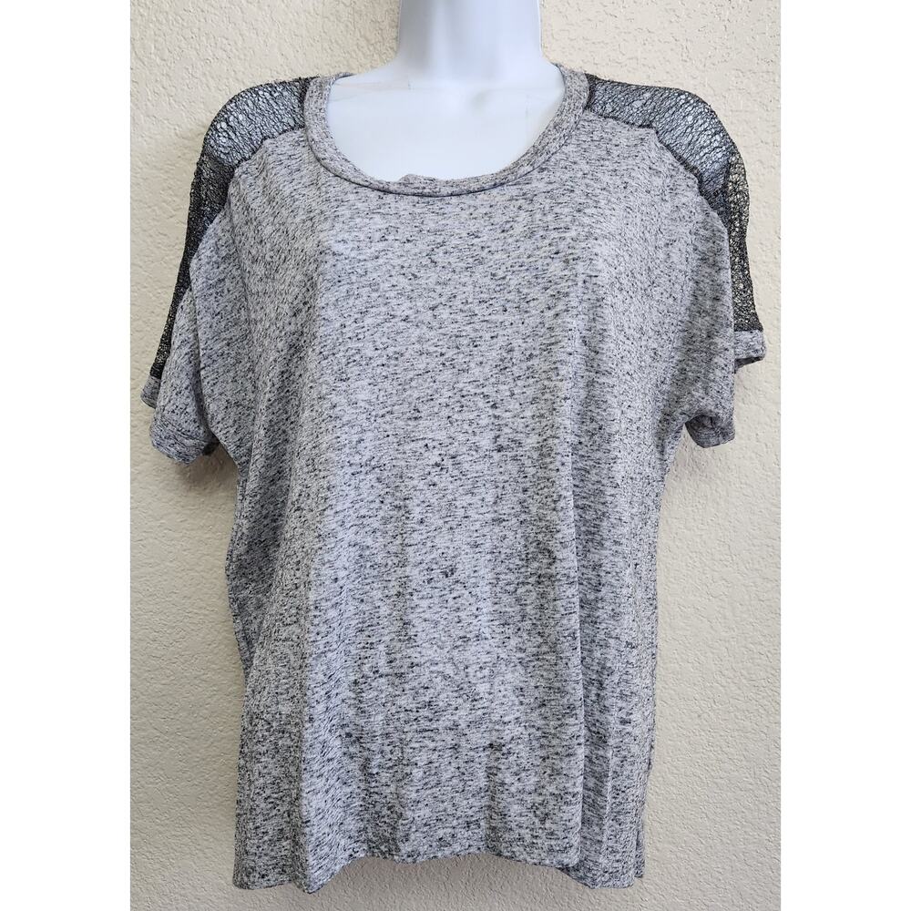 A.N.A Gray Marled Silver Metallic Lace Netting On Shoulders Top Large Hi Low Hem